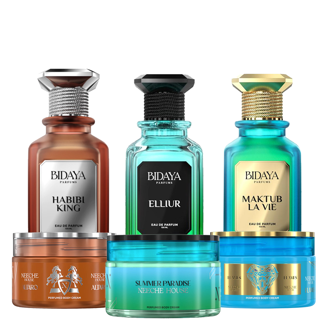 KIT BIDAYA 100ML (HABIBI KING | ELLIUR | MAKTUB LA VIE)  + NEECHE HOUSE  200ML (ALTARO | SUMMER PARADISE | FLAMES)